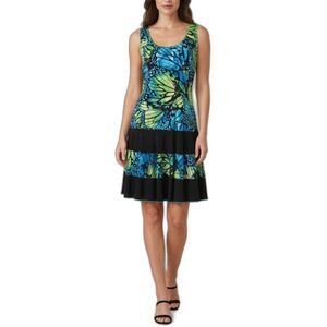 Joseph Ribkoff Butterfly Print Sleeveless Tiered Dress Sz 10 Jersey Knit Stretch